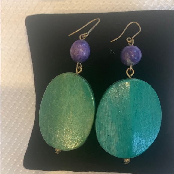 Wooden Green and Purple Hook Drop Statement Earrings - Picture 1 of 4